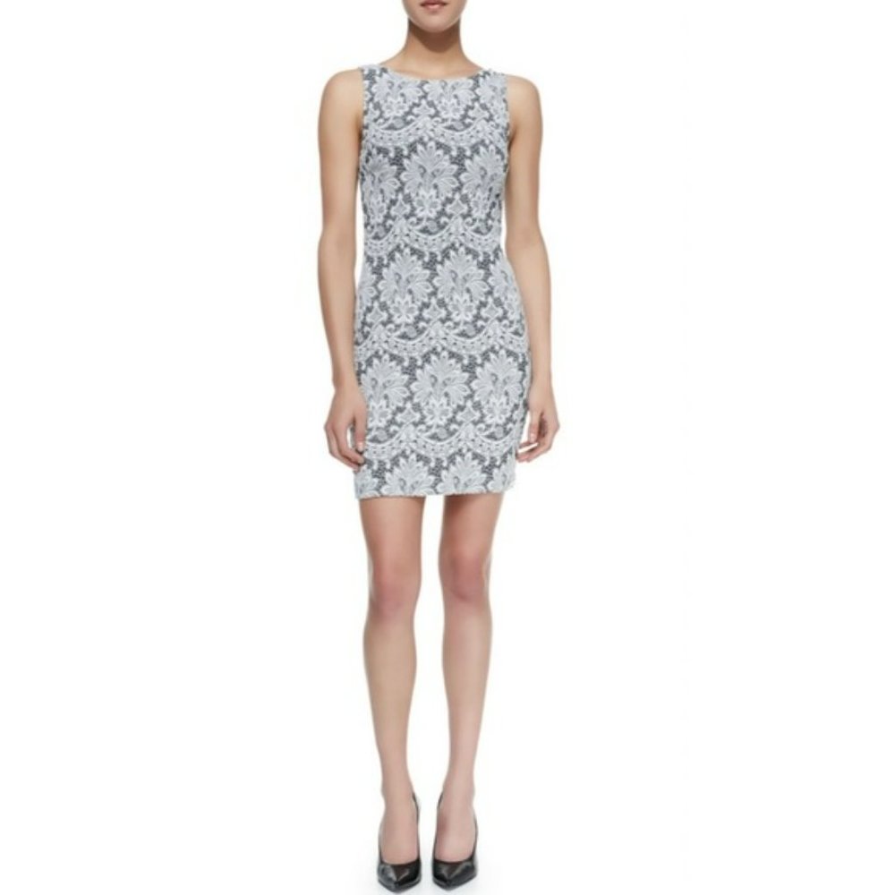 Alice + Olivia Donovan Lace Fitted Sleeveless Gray Mini Sheath Dress